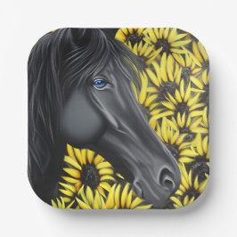 Plato De Papel Caballo de Stallion negro y girasoles
