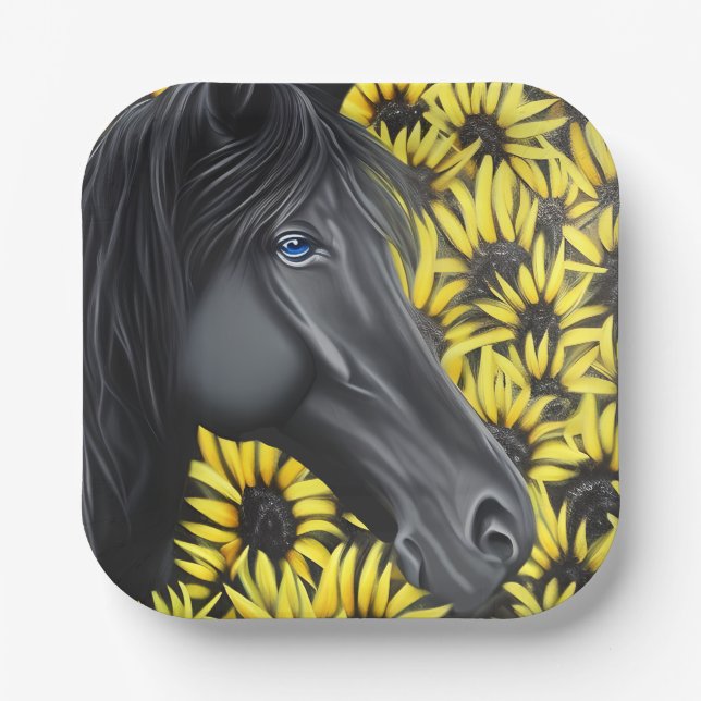 Plato De Papel Caballo de Stallion negro y girasoles (Anverso)