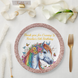 Plato De Papel Caballo fantástico arcoiris Floral ecuestre cumple