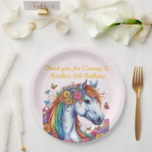 Plato De Papel Caballo fantástico arcoiris Floral ecuestre cumple (Boda)