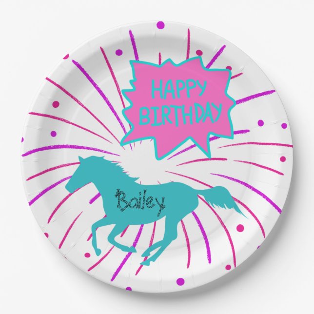 Plato De Papel Caballo Feliz cumpleaños Pink Purple Turquoise (Anverso)