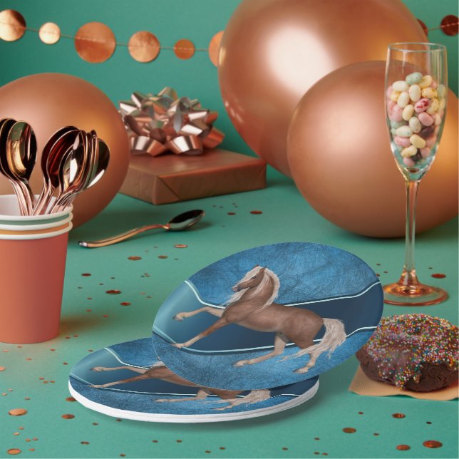 Plato De Papel Caballo Fiesta Occidental De Fondo Azul (Multi)