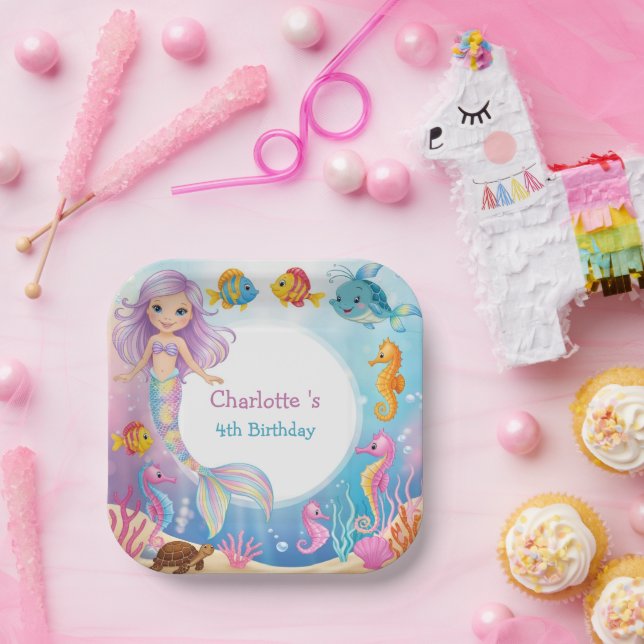 Plato De Papel Caballo marino de sirena arcoiris (Fiesta)