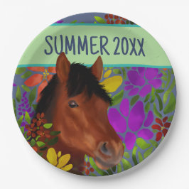 Plato De Papel Caballo marrón de flores ecuestres