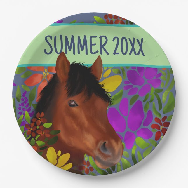 Plato De Papel Caballo marrón de flores ecuestres (Anverso)