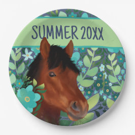 Plato De Papel Caballo marrón de flores ecuestres