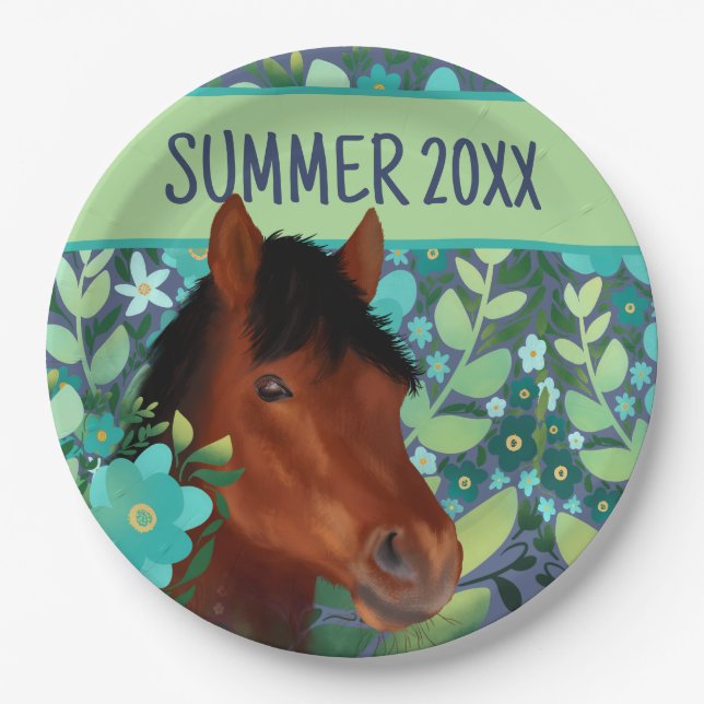 Plato De Papel Caballo marrón de flores ecuestres (Anverso)