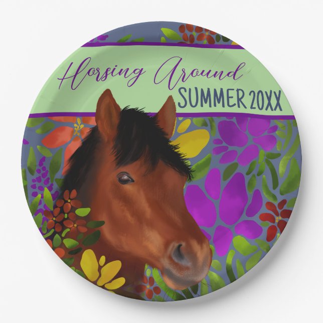 Plato De Papel Caballo marrón en torno a la flor (Anverso)