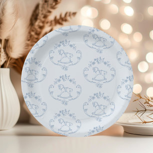 Plato De Papel Caballo mecedor vintage Toile Azul baby shower