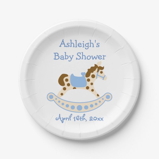 Plato De Papel Caballo mecedora azul Baby Shower (Anverso)