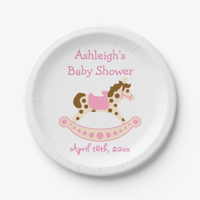 Plato De Papel Caballo mecedora rosado Baby Shower (Anverso)