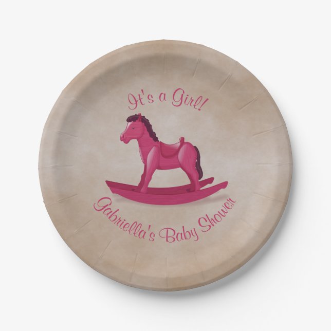 Plato De Papel Caballo mecedora rosado Baby Shower (Anverso)