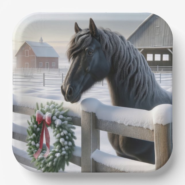 Plato De Papel Caballo negro con una corona de Navidades nevados (Anverso)