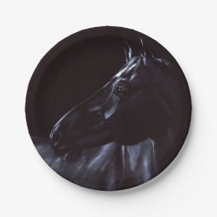Plato De Papel Caballo negro elegante pintado a mano