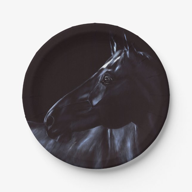 Plato De Papel Caballo negro elegante pintado a mano (Anverso)