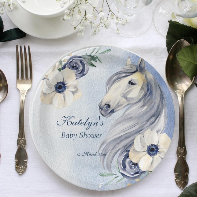 Plato De Papel Caballo vaquero bebé ducha floral personalizada (Horse themed baby shower plates horse party tableware personalized equestrian party plates)