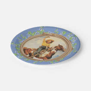 Plato De Papel Caballo Vintage De Vaquera Occidental Con Flores D