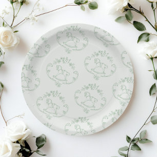 Plato De Papel Caballo vintage Toile Sage ducha de bebé verde