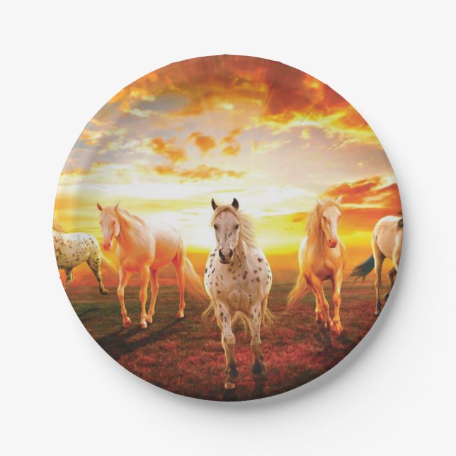 Plato De Papel Caballos al atardecer lanzando almohada (Anverso)