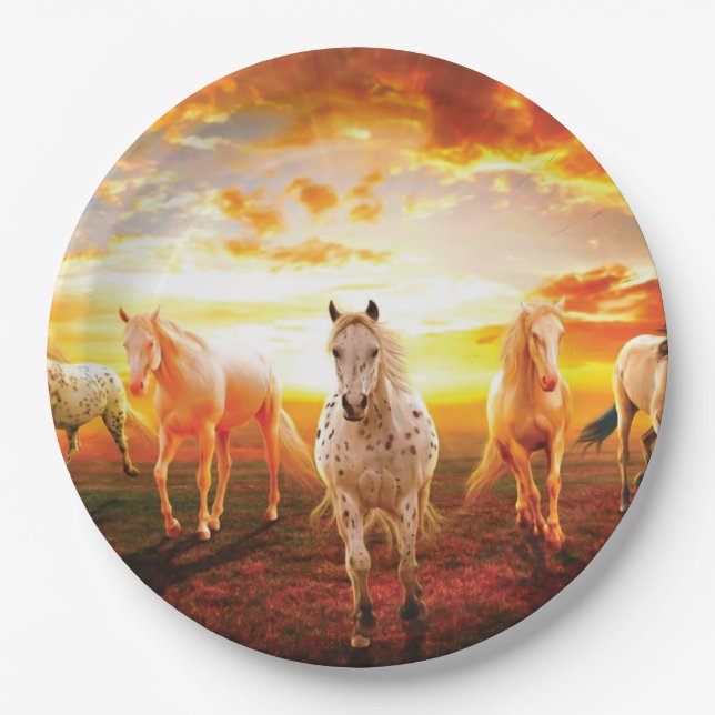 Plato De Papel Caballos al atardecer lanzando almohada (Anverso)