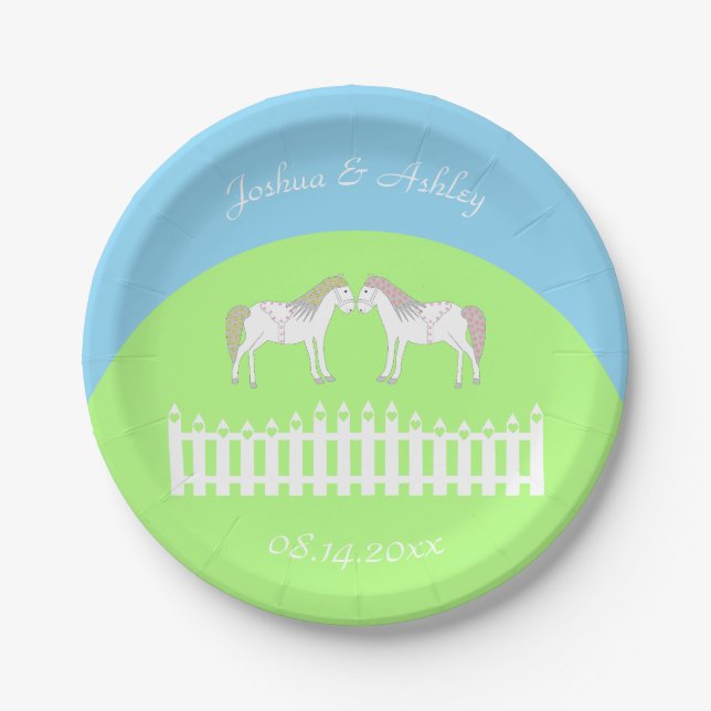Plato De Papel Caballos Blancos Hermosos para Bodas Personalizado (Anverso)