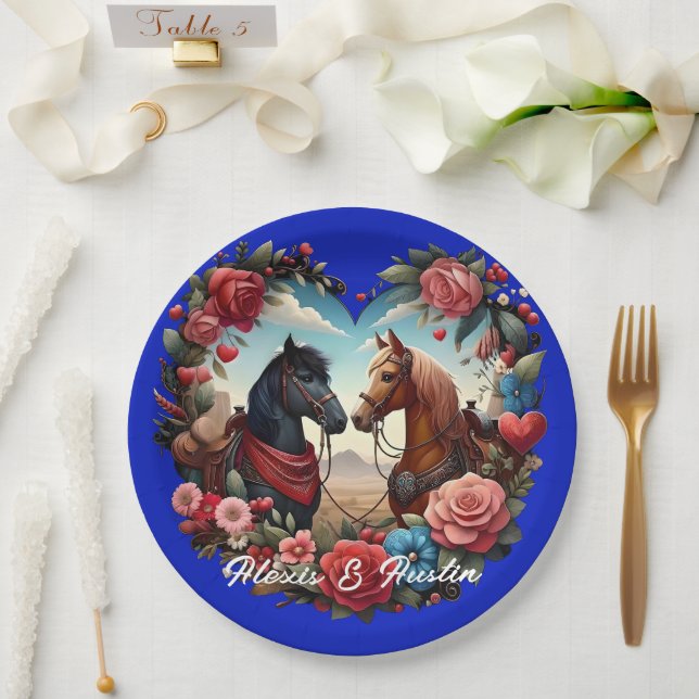 Plato De Papel Caballos con azul cardíaco (Boda)
