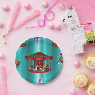 Plato De Papel Caballos de carrusel en azul