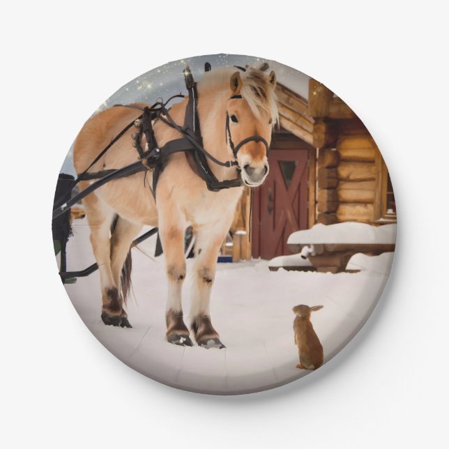 Plato De Papel Caballos de habla animal de granja y conejos (Anverso)