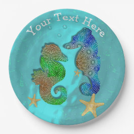 Plato De Papel Caballos De Mar De bonito Nadando En Mar Azul