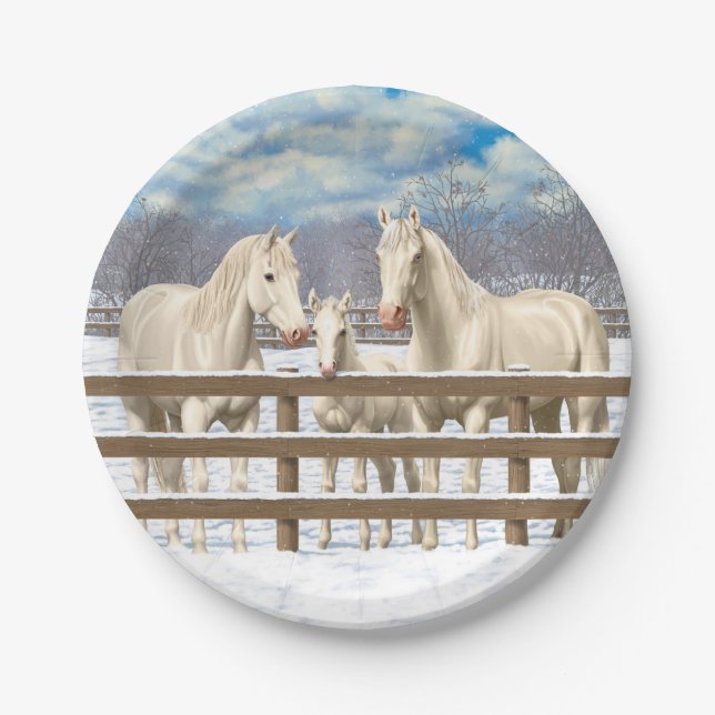 Plato De Papel Caballos del Cuartel Blanco En Nieve (Anverso)