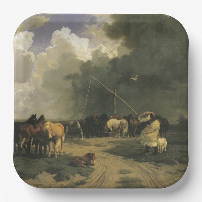 Plato De Papel Caballos en una tormenta de lluvia (equino) (Anverso)