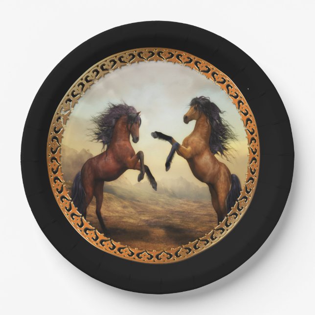 Plato De Papel Caballos Friesianos Oscuros Y Marrones Ligeros (Anverso)