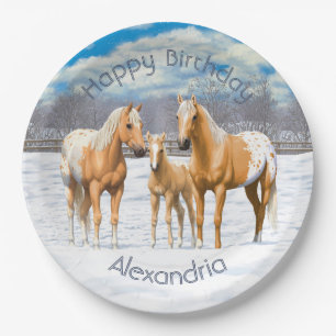 Plato De Papel Caballos Palomino Appaloosa De Nieve
