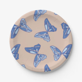 Plato De Papel Cabaña azul y marrón claro Mariposas campestres