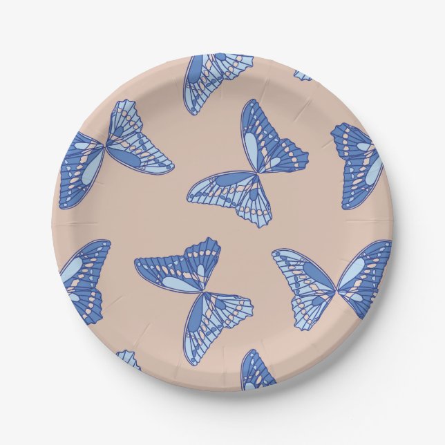 Plato De Papel Cabaña azul y marrón claro Mariposas campestres (Anverso)