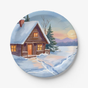 Plato De Papel Cabaña de invierno Montaña Nieve Acuarela
