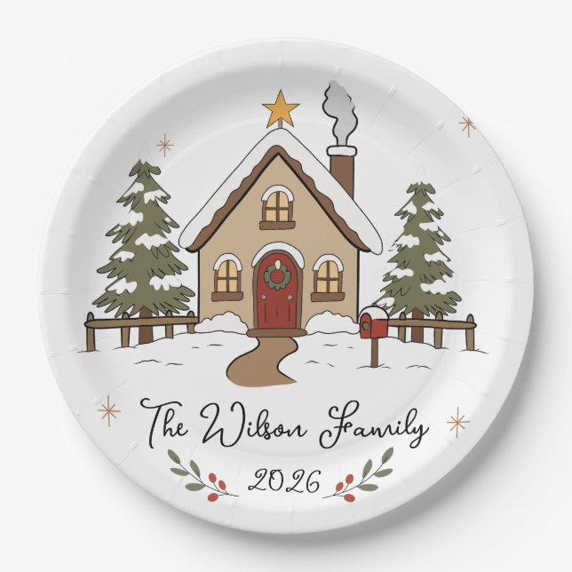 Plato De Papel Cabaña de Navidad Acogedora Personalizada (Anverso)