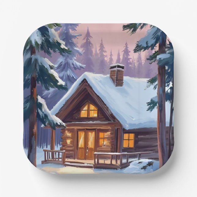 Plato De Papel Cabaña de Navidad Bosque Invierno Nieve Fiesta (Anverso)