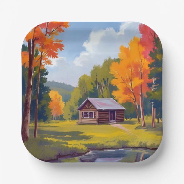 Plato De Papel Cabaña junto al lago de otoño (Anverso)