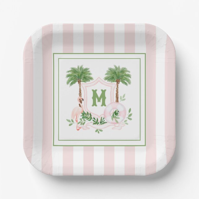 Plato De Papel Cabana Stripes Palm Beach Monogram Crest Enclosure (Anverso)