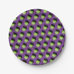 Plato De Papel Cabeza de Frankenstein Halloween Patrón Verde Purp