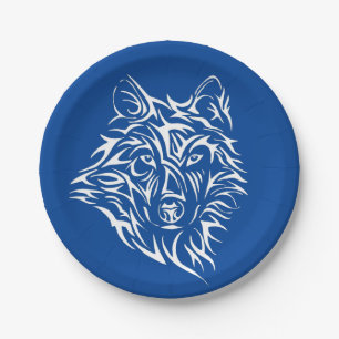 Plato De Papel Cabeza de lobo blanco sobre azul