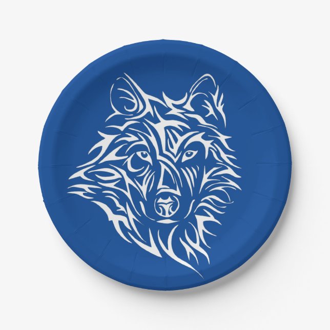 Plato De Papel Cabeza de lobo blanco sobre azul (Anverso)