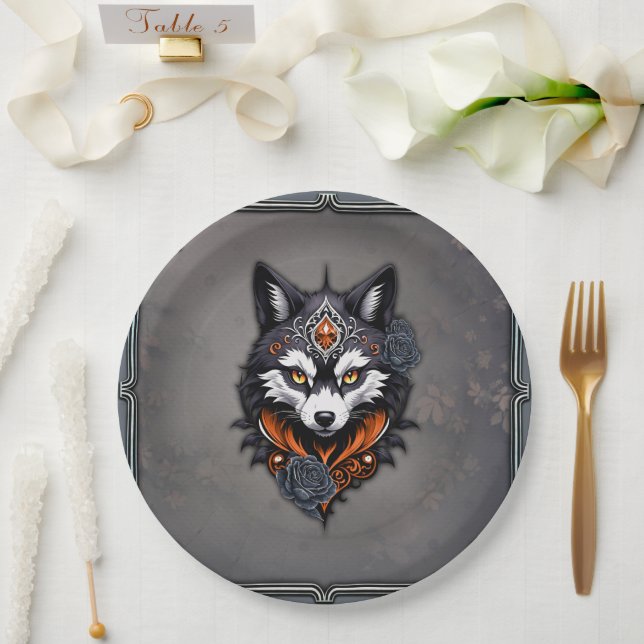 Plato De Papel Cabeza de lobo majestuosa, terminada en una profun (Boda)