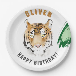 Plato De Papel Cabeza de Tigre Salvaje Acuarela Cumpleaños Nombre