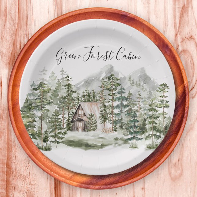 Plato De Papel Cabina acuarela en bosque de pinos verdes (In situ)