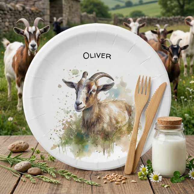 Plato De Papel Cabra de granja acuarela, personalizado (Subido por el creador)