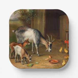 Plato De Papel Cabras Y Pollos En La Granja