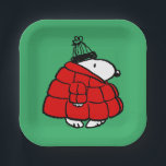 Plato De Papel Cacahuetes | Chaqueta Snoopy Red Puffer<br><div class="desc">Echa un vistazo a este divertido diseño de maní con Snoopy en su chaqueta roja de invierno.</div>