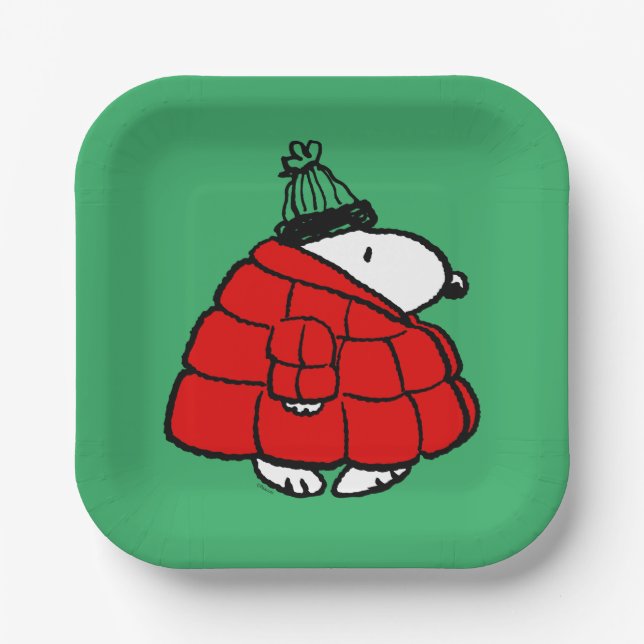 Plato De Papel Cacahuetes | Chaqueta Snoopy Red Puffer (Anverso)